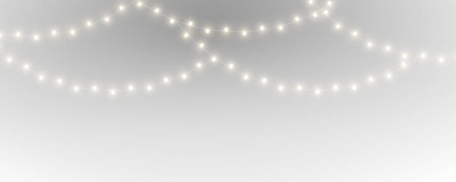 PNG. Christmas LED garland lights isolated on transparent background. Bright glowing bulbs for holiday decor. Vector element for cards and banners.
