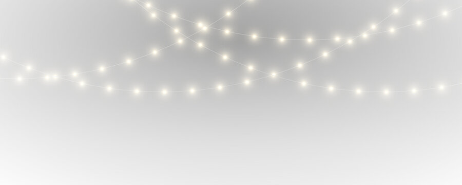 PNG. Christmas glowing LED string garland on transparent background. Bright festive bulbs for holiday decoration. Vector isolated element for design work.