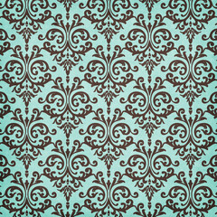 Fototapeta premium Elegant turquoise and dark brown damask pattern with seamless ornamental scrolls. Luxury vintage wallpaper design for textiles, packaging, fabric and home decor.