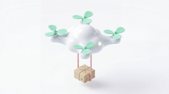 Whimsical cloud drone gracefully carries a precious brown package tied with charming pink string through a bright white space