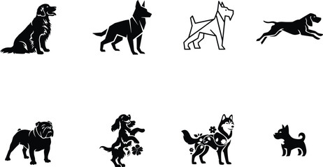 Dog breeds silhouettes vector icons set isolated on white background retriever shepherd bulldog husky puppy geometric floral stencil pet logo design elements (23 words) © MSTARJINAAKTHER