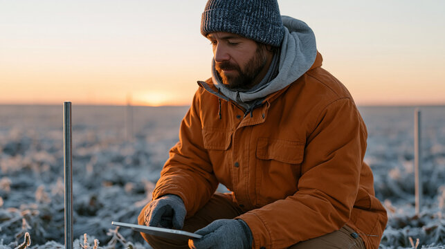 Agronomist crouching in pre-dawn frost-covered soybean field checking wireless temperature sensors mounted on metal stakes while a tablet displays real-time frost alert
