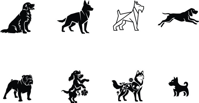 Dog breeds silhouettes vector icons set isolated on white background retriever shepherd bulldog husky puppy geometric floral stencil pet logo design elements (23 words)