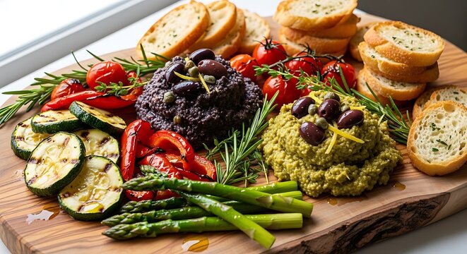 Fresh vegetable platter with grilled zucchini asparagus and olives on a wooden serving board. Tapenade appetizer platter 
