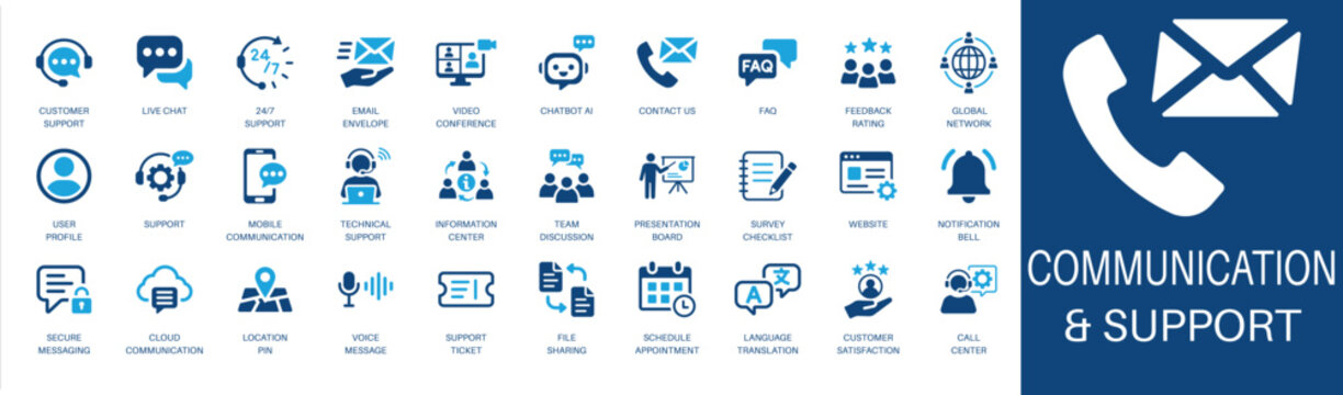 Communication and support solid icon set. Featuring customer support, live chat, video conference, contact us, and call center. Editable vector glyphs for client relation and service strategy.