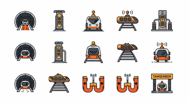Modern Transportation Icons Set Futuristic Vehicles and Infrastructure.