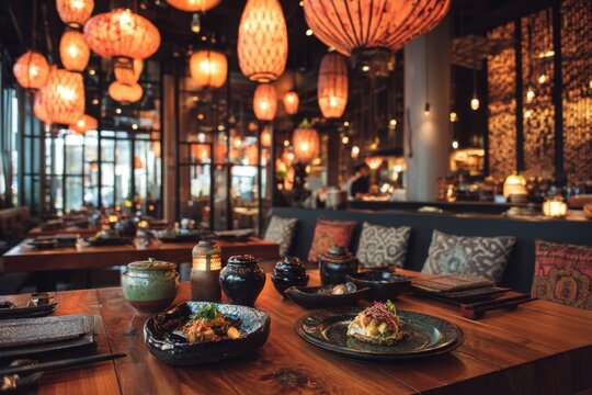 Modern Asian fusion restaurant with hanging lanterns