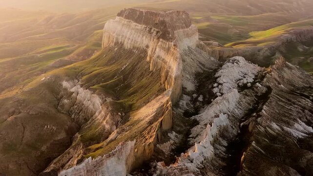 Aerial view of the Airakty mountains with white limestone cliffs and green slopes during golden hour in Shetpe, Mangystau Region, Kazakhstan.