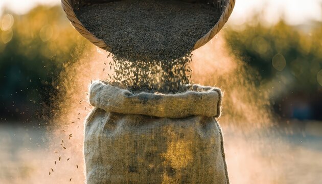 Golden Hour Harvest Cumin Seeds Pouring from Woven Basket into Burlap Sack