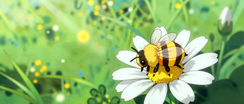 Niedliche Biene auf Blume im gezeichneten Anime Stil