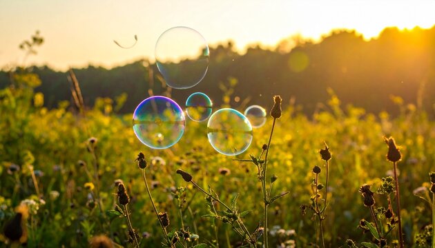The image shows rainbow soap bubbles floating gently from a bubble blower across a sunlit meadow, with soft grass, bright sky, and a dreamy natural atmosphere evoking childhood joy outdoors