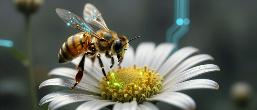 Cyber-Biene auf einer G&auml;nsebl&uuml;mchen-Bl&uuml;te als Symbol f&uuml;r Technologie und Natur
