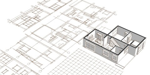 Fototapeta premium house architectural project sketch 3d illustration