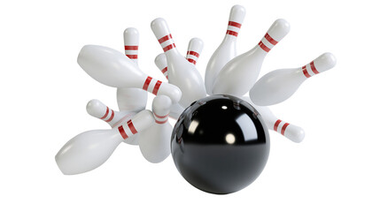 Black bowling ball scattering white pins, isolated on transparent background © PNGera