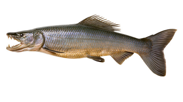 Predatory tigerfish with sharp teeth open mouth, isolated on transparent background