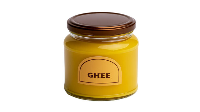 Glass jar of yellow ghee with brown lid and label, isolated on transparent background