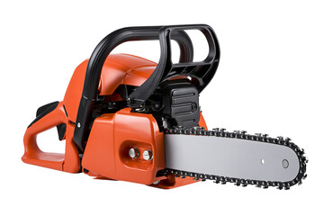Naklejka premium Orange and black chainsaw with metal chain, isolated on transparent background