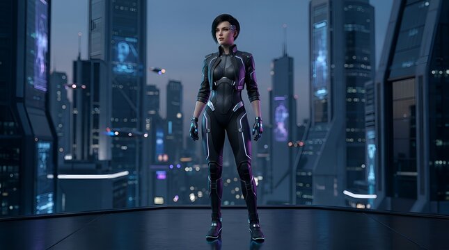 A futuristic woman stands confidently in a sleek cityscape at dusk wearing a jumpsuit.