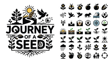 Fototapeta premium Journey of a Seed agriculture icon set, sustainable farming and plant growth cycle vector elements, organic gardening and botany symbols