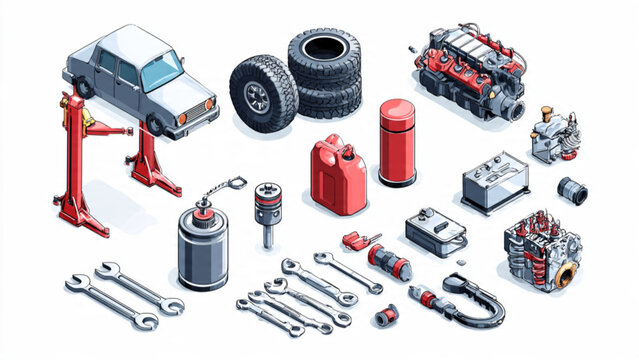 Automotive Repair Tools and Car Parts Set.