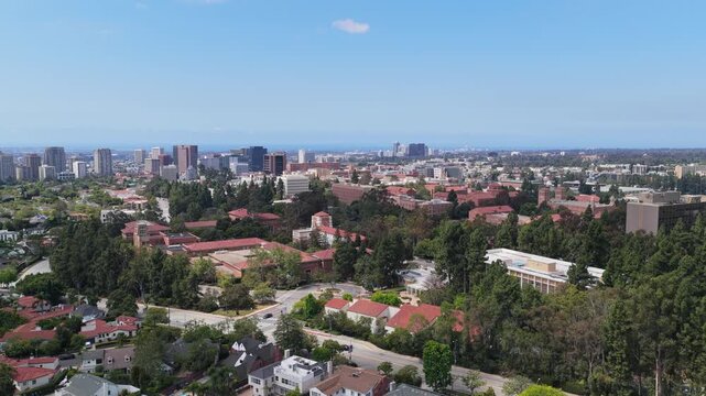 Tripod elevated perspective over University of California Los Angeles campus during a clear day in Southern California