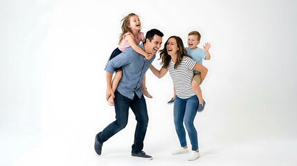 Fototapeta premium Happy parents giving piggyback rides to their two children indoors with children