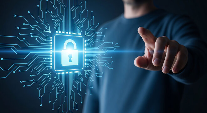 Digital Security and Privacy: A man's hand touches a glowing digital padlock icon representing cybersecurity and data protection in the modern technological landscape.