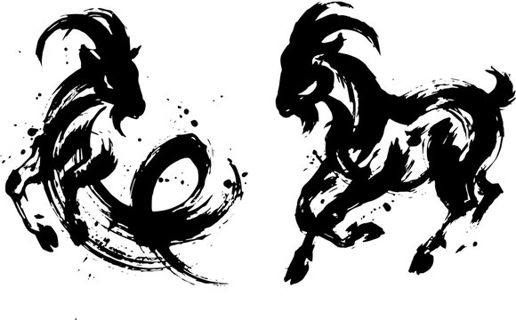 Dynamic Ink Brush Painting Style Jumping Wild Goat Illustration