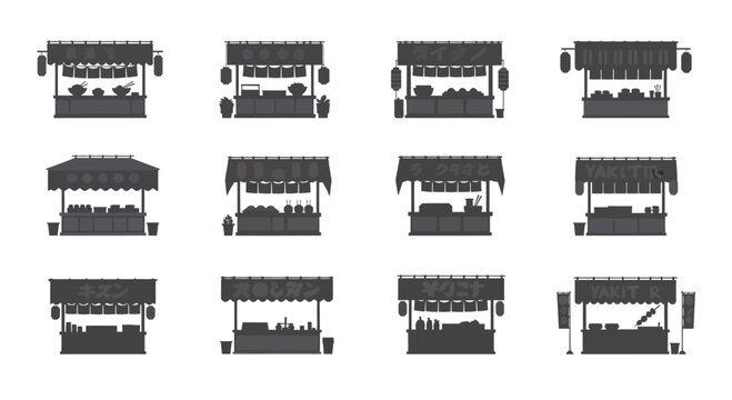 A collection of twelve flat vector icons depicting various market stalls and street food kiosks.