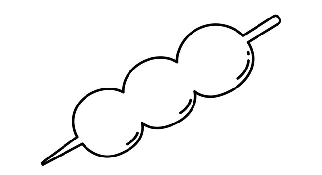 A simple black and white line drawing of three dango dumplings on a wooden skewer.