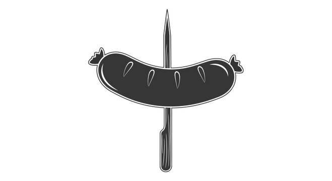 A stylized monochrome illustration of a grilled sausage impaled on a sharp metal skewer.