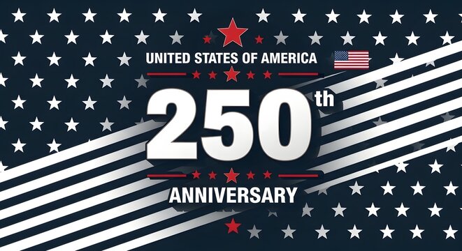 United States of America 250th anniversary typographic logo design with American flag stars and stripes background