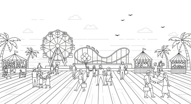 A lively amusement park boardwalk scene with people enjoying rides and attractions.