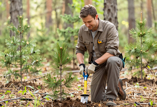 Forestry Technician Planting Pine Seedlings