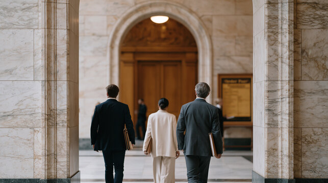 Diverse team of legislative researchers carrying stacked policy portfolios through a marble corridor outside a parliament debate floor session, stone archways framing the passage,