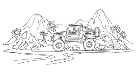 Off-road adventure: Cartoon monster truck driving through tropical mountains and palm trees, line art © Ahmad