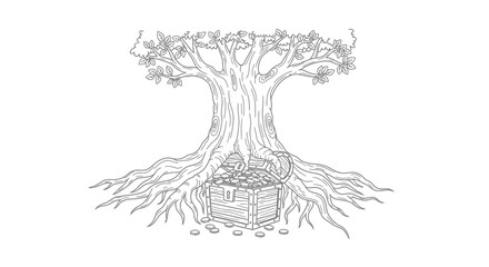 Treasure Chest Hidden Under Ancient Tree Roots, Drawing © Ahmad