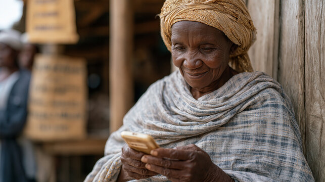 Elderly woman in rural market village using basic mobile phone to receive microfinance loan confirmation, dusty afternoon haze over open-air stalls, weathered hands holding