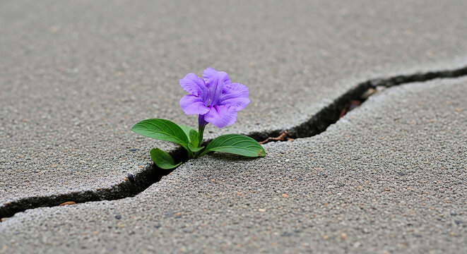 Hope Sprouts from Concrete: A vibrant purple flower pushes through a deep crack in a concrete surface, a powerful symbol of resilience and the indomitable spirit of life.