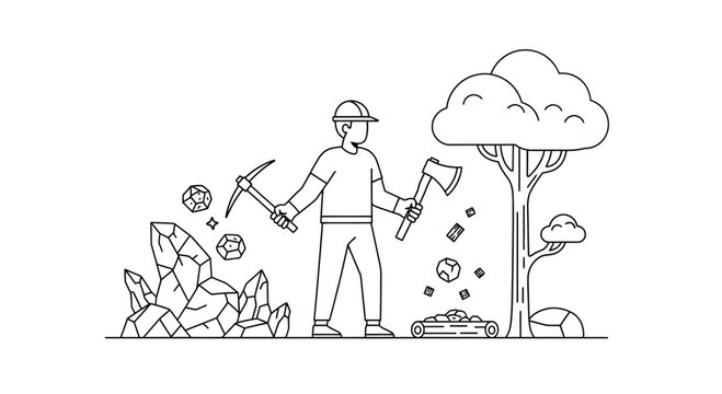 Miner with pickaxe and axe next to crystals and tree, mining and logging concept, line art