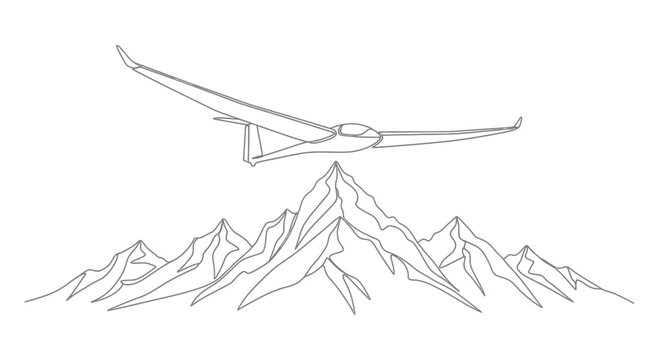 Glider Aircraft Flying Over Mountain Peaks - Minimalist Line Art