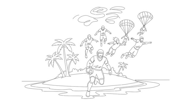 Teamwork and Adventure: Parachutists Descend on Tropical Island with Rugby Player
