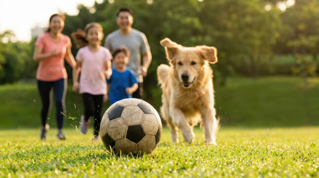 Family lifestyle dog soccer park summer grass child parent running Family lifestyle moment with happy dog chasing soccer ball on summer grass as child and parent run together in green park