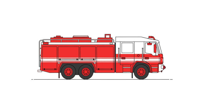 Vector illustration of a bright red and white fire engine truck side view, showcasing emergency vehicle functionality and design for quick response and rescue operations