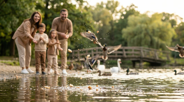 Family lifestyle happy parents child boy girl park lake duck