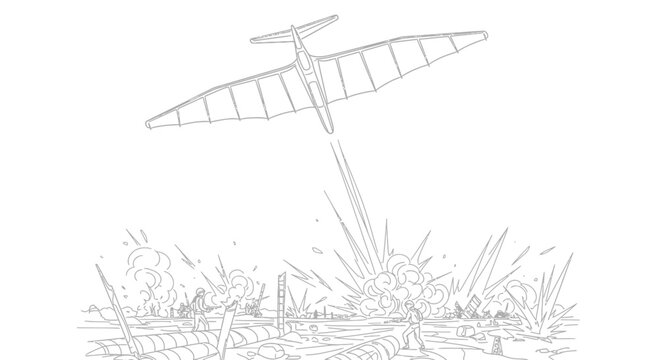Vintage Airplane Attacks War-Torn City with Explosions and Smoke