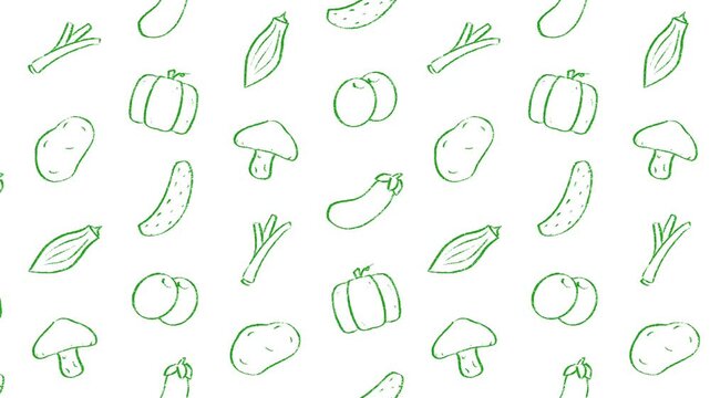 Vegetables pattern hand drawn animation, seamless looping animated background, healthy food motion design, fresh organic harvest texture, graphic elements