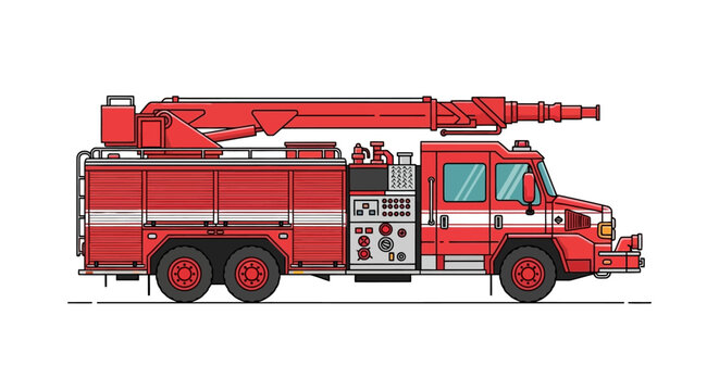 Fire Engine Vector Illustration - A Specialized Emergency Vehicle with Aerial Ladder and Equipment for Firefighting Operations, Rendered in a Clean Graphic Style