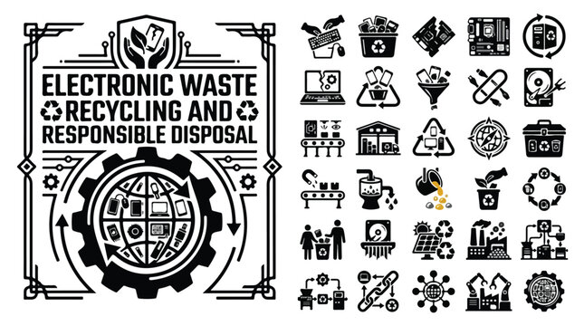 Electronic waste recycling and responsible disposal icons, e-waste management vector set, sustainable technology processing and hardware recovery symbols