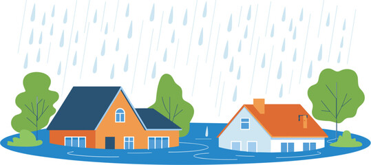 Fototapeta premium Residential flooding during heavy rainfall vector illustration, submerged homes affected by severe weather